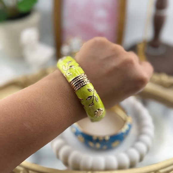 Green Floral Hand Painted Enamel Bangle - Picture 8 of 13